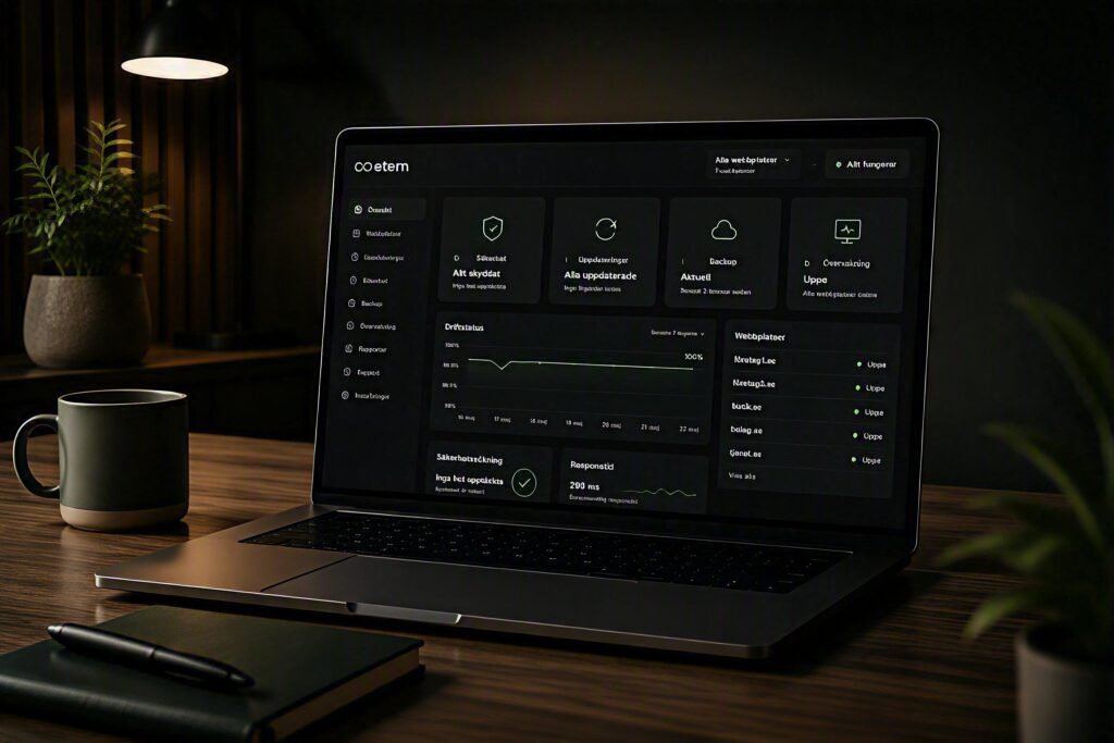 Laptop som visar en driftpanel på ett mörkt skrivbord