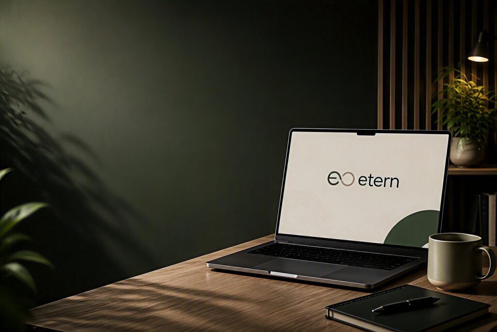 Laptop med Eterns logga på ett skrivbord mot en mörkgrön vägg
